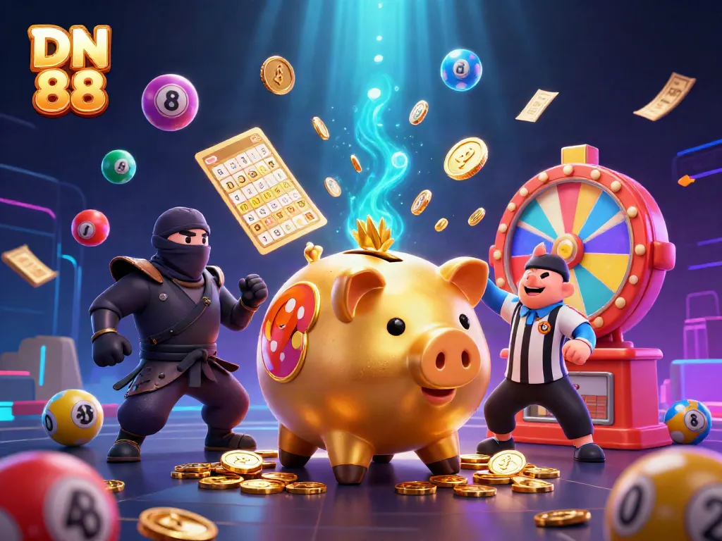 Experience thrilling gaming action with DN 88's dynamic casino scene featuring colorful elements and engaging characters.