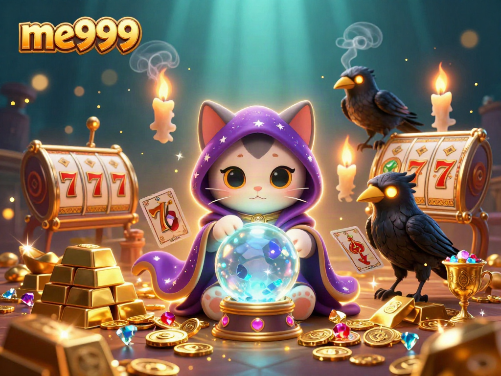 Engage with me999's vibrant gaming world as a mystic cat and tarot raven animate the casino experience.