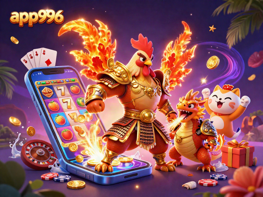 Engage with app996 for thrilling gameplay featuring a rooster warrior, dragon, and vibrant casino elements.