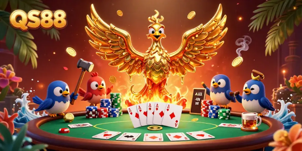 QS88's dynamic casino scene featuring a molten golden phoenix surrounded by poker tables and vibrant game elements.