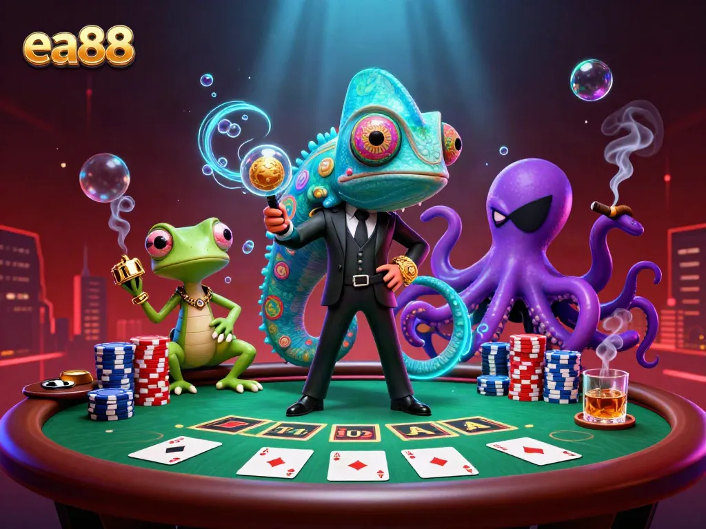 Experience an engaging EA88 casino scene featuring colorful poker elements and lively characters.