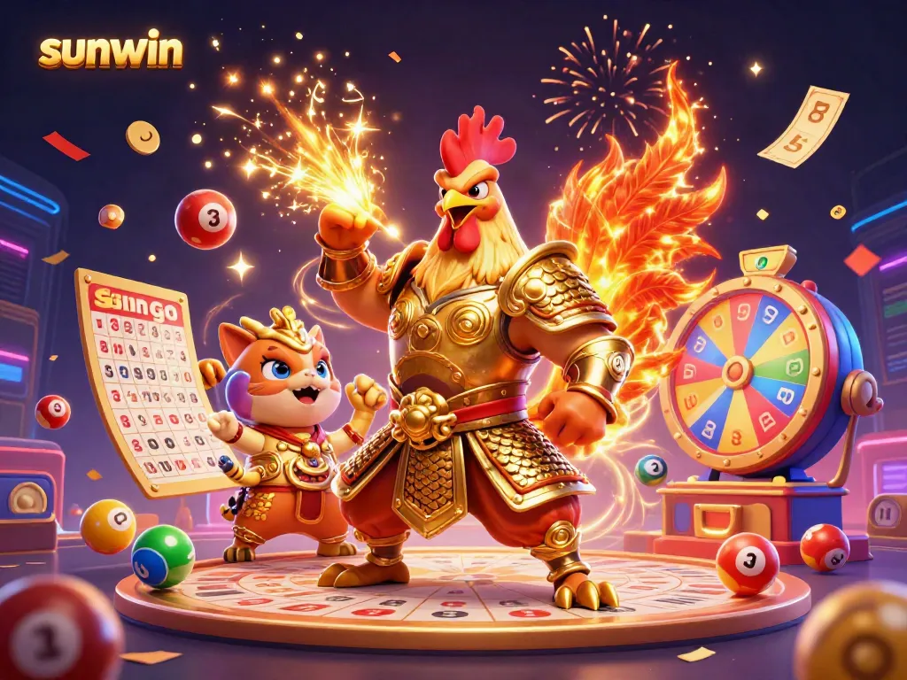 Experience thrilling gaming action with the sunwin rooster warrior and dragon in a dynamic scene.