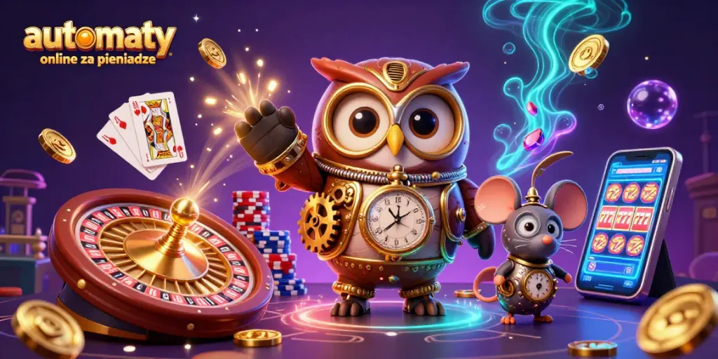 Play automaty online za pieniadze with an adventure-filled 3D illustration featuring a steampunk owl and vibrant casino elements.