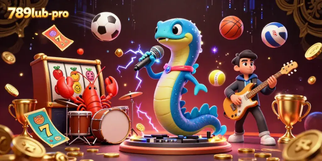 Experience exciting gaming at 789lub-pro with our dynamic underwater casino illustration featuring vibrant characters and game elements.