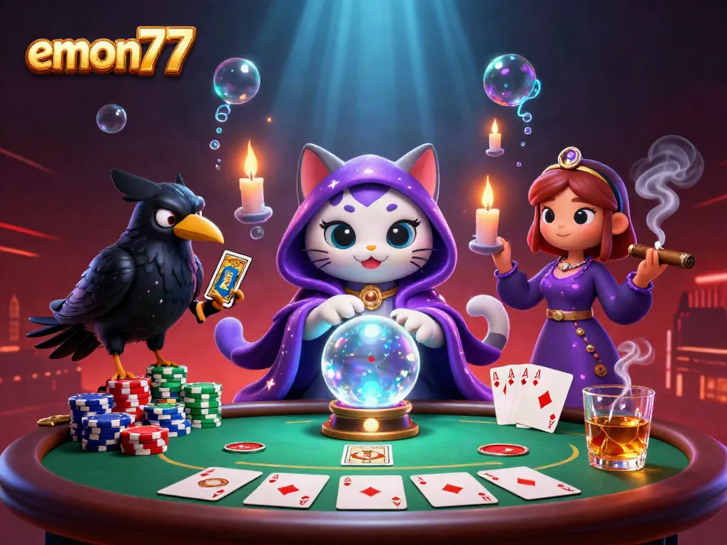 Experience emon77 gaming with a mystical cat, raven, and vibrant casino elements in 3D.
