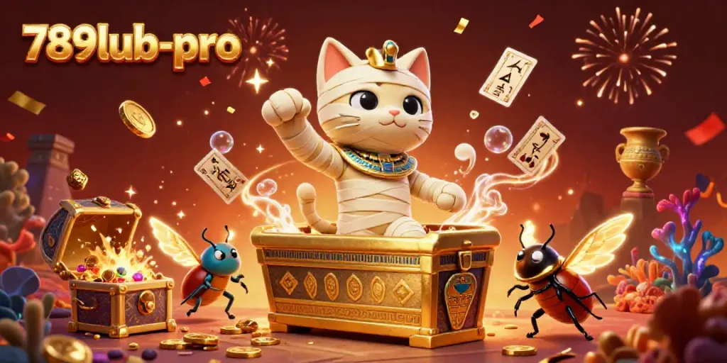Experience thrilling 789lub-pro adventures with a mummy cat and treasures in a vibrant casino scene.