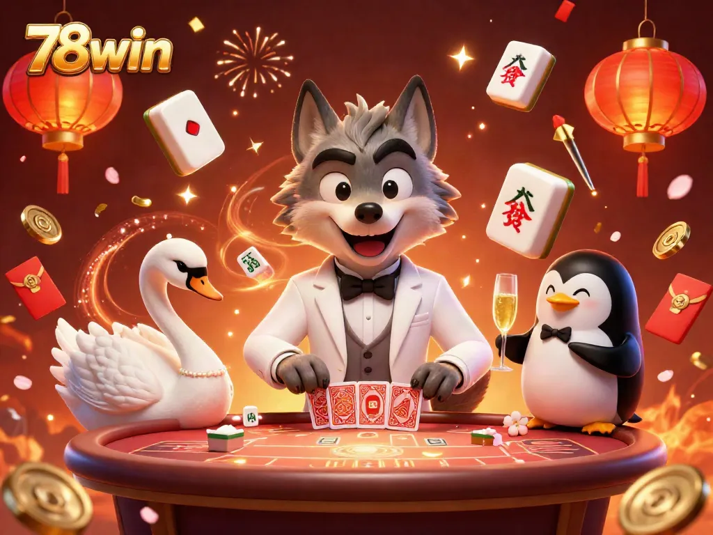 Engage in thrilling Baccarat at 78win with a dapper wolf dealer, elegant swan, and sophisticated penguin presenting champagne.