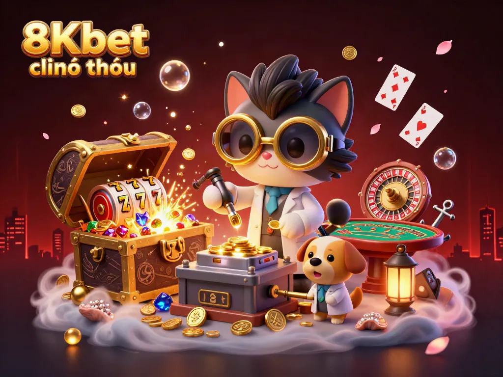 Experience the excitement of 8Kbet chính thức with a vibrant 3D casino adventure showcasing mad scientist characters and slot games.