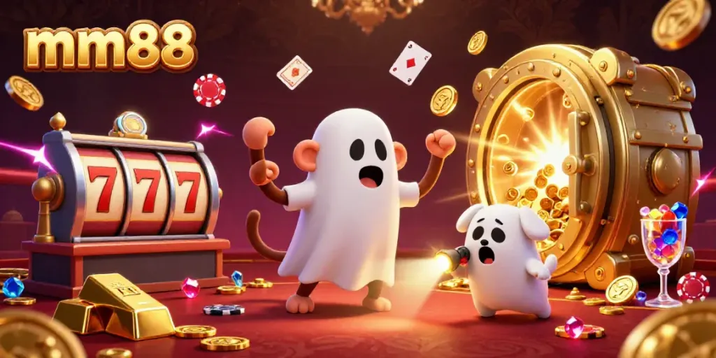 Engage with the thrilling world of mm88 in a vibrant casino scene featuring a mischievous monkey and a curious puppy.