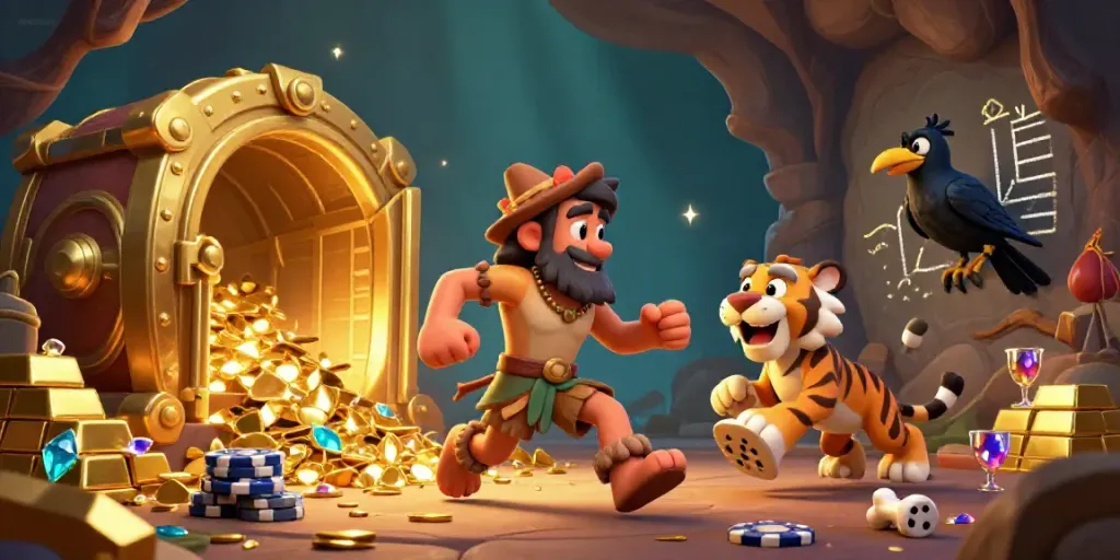 Engage with NHATVIP in a vibrant 3D casino scene with a caveman, sabertooth tiger, and treasure.