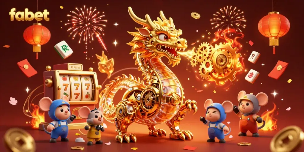 Experience the thrill of fabet with an intricate 3D dragon illustration amidst vibrant casino elements.