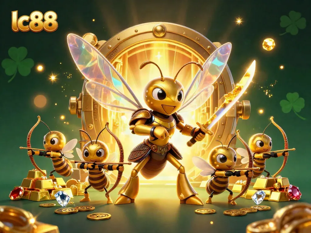Experience winning moments at lc88 with a golden hornet samurai and treasure-filled illustration.