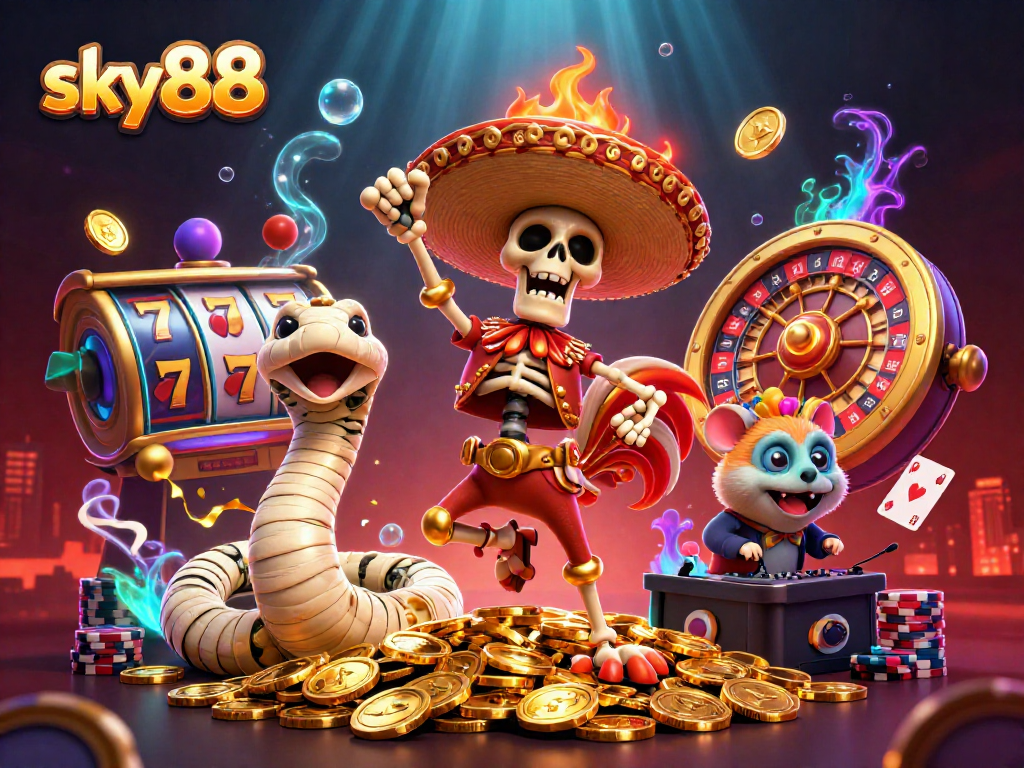 Engage with thrilling odds at sky88 with a vibrant illustration showcasing a mariachi rooster celebrating on casino coins.