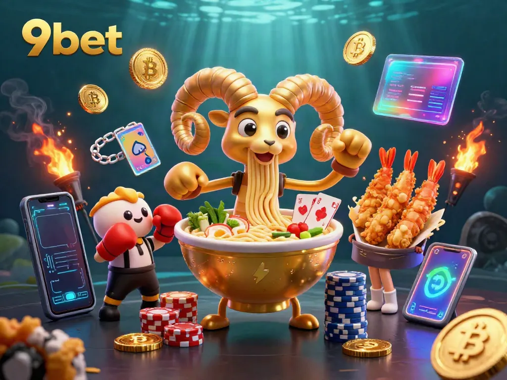 Engage with the thrilling world of 9bet featuring a golden ramen bowl dealer surrounded by vibrant gaming elements.
