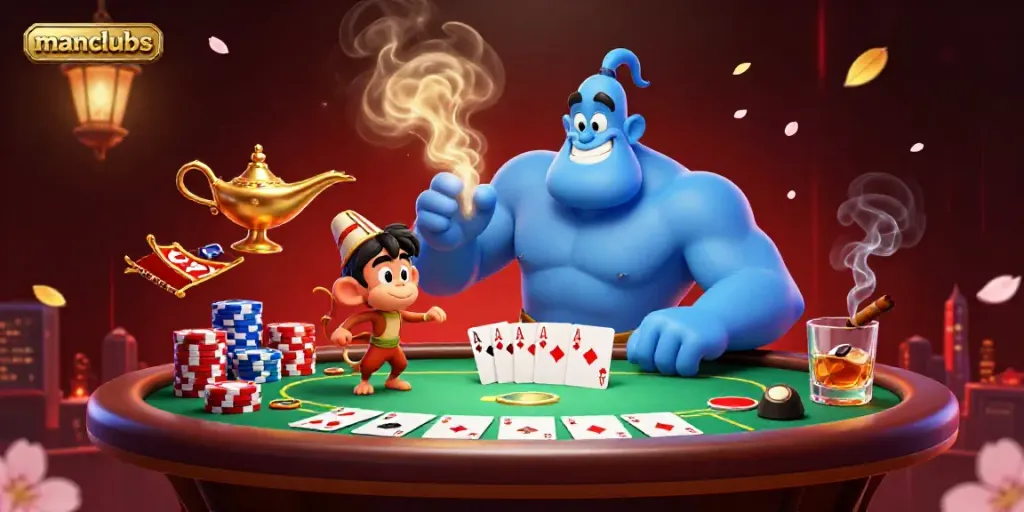 Experience the magical world of manclubs through this vibrant 3D casino illustration featuring a genie and poker elements.