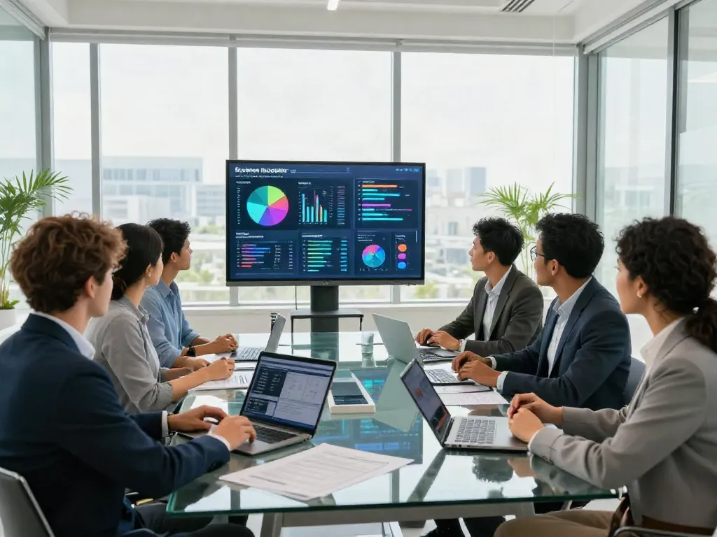 Business team discussing innovation strategies at istana404 conference table in modern office, bright atmosphere enhancing collaboration.