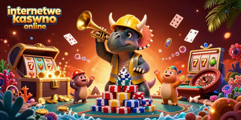 Experience the excitement of internetowe kasyno online with vibrant gaming characters and rich casino elements.